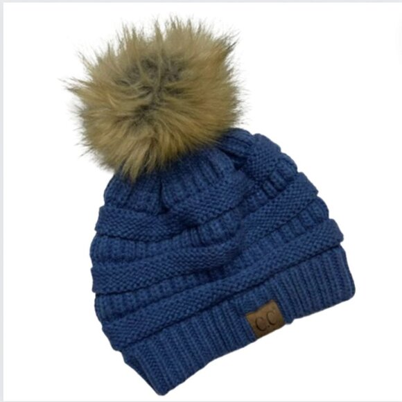 C.C. Cheveux Blue Soft Knit Weave Pom Beanie - Picture 1 of 8